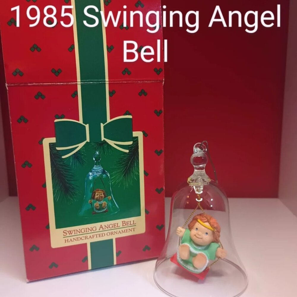 Vintage 1985 Hallmark Glass Bell Ornament Swinging Angel in Box